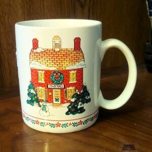 Christmas Town Hall Painted Ceramic Mug White Red Green With Handle